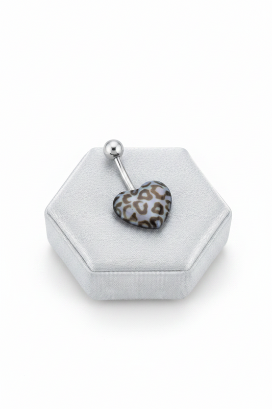 Blue Leopard Print Heart Acrylic Belly Button Ring in 316l stainless steel on a silver silk jewelry display.