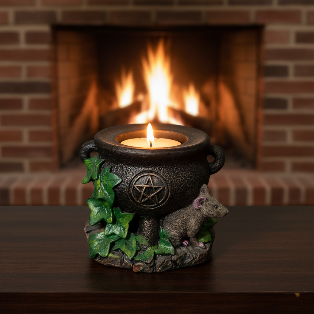 Black Cauldron with Mouse Pentagram Resin Tea Light Candle Holder on a Redwood table in front of a fireplace with a burning fire and the candle lit showing a warm glow.
