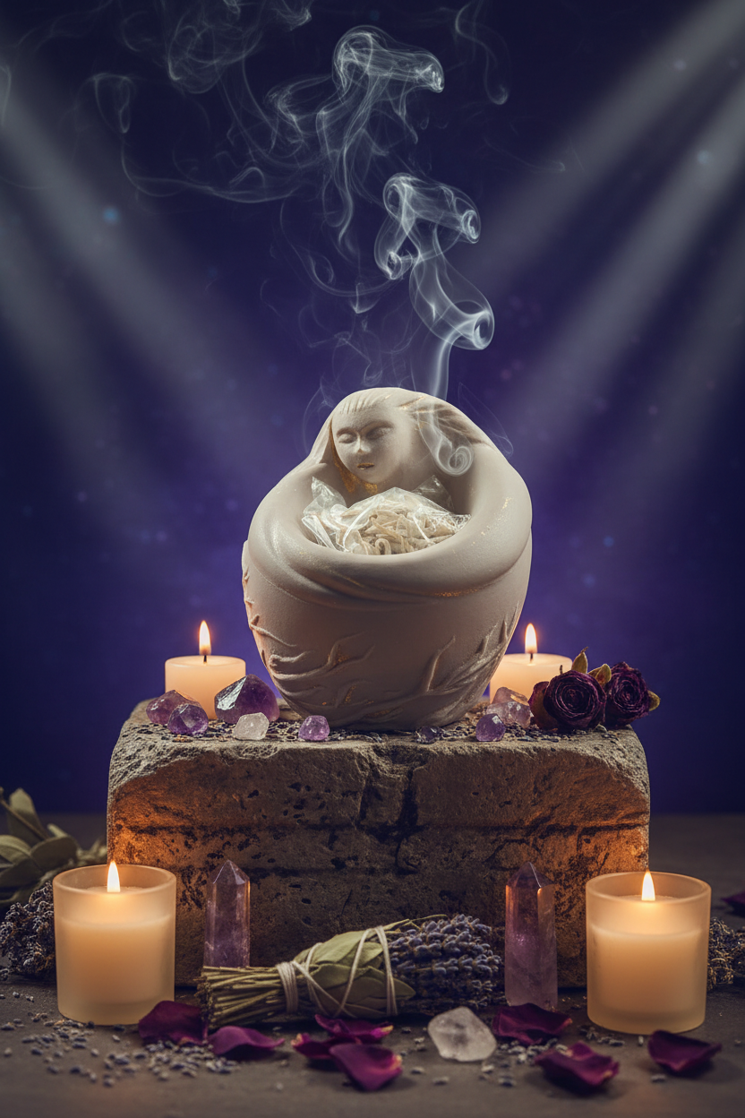 Ancient Goddess of Sacred Blessings Terra Cotta Mini Figurine - Altar & Sacred Space in a mystic setting.