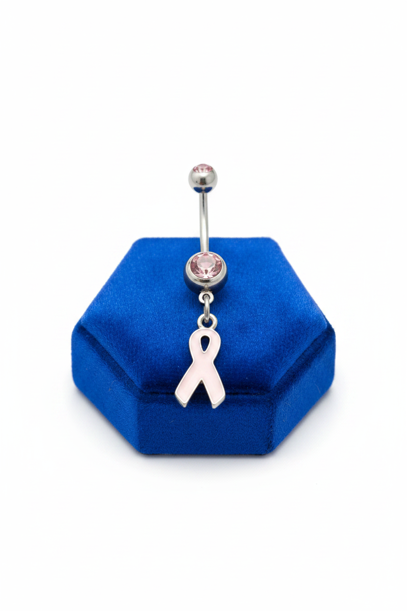 Pink Crystal Hope Ribbon Belly Button Ring in 316l stainless steel on a blue velvet jewelry display.