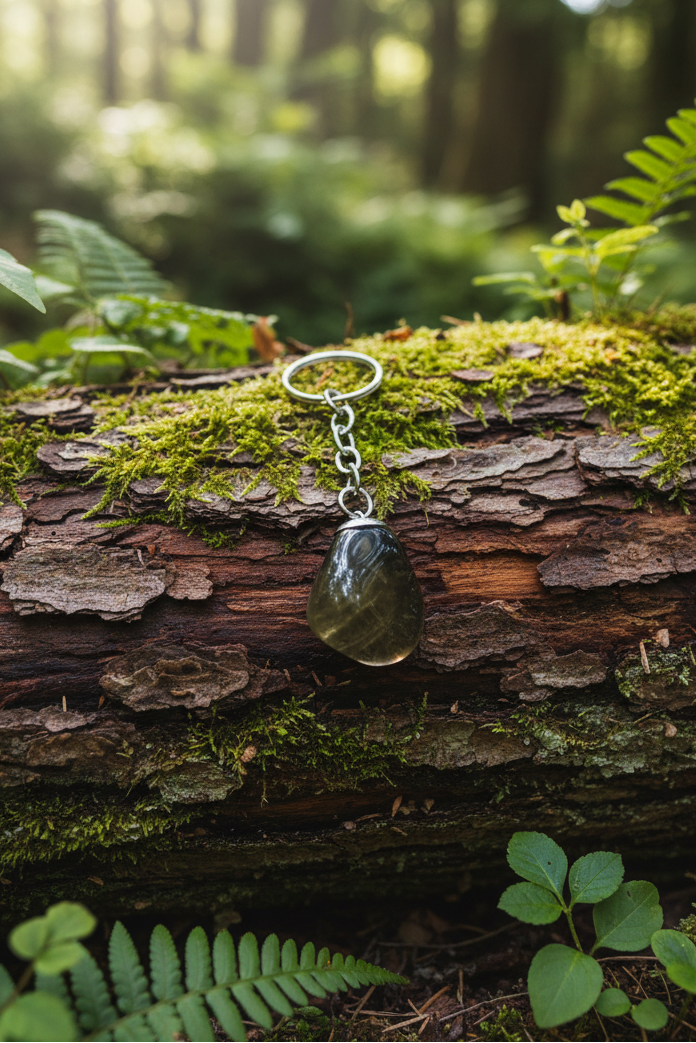 Smoky Quartz Natural Earth Stone Handmade Steel Plated Keychain placed on a mossy log in a natural earth setting surrounded by foliage and nature.