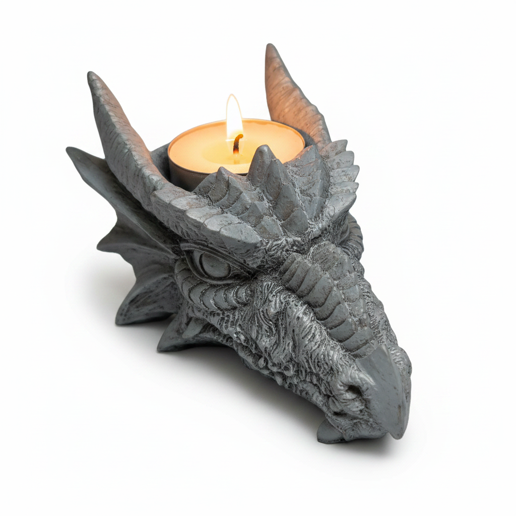 Black Medieval Dragon Head Resin Tea Light Candle Holder on a white background with the candle lit showing a warm glow.