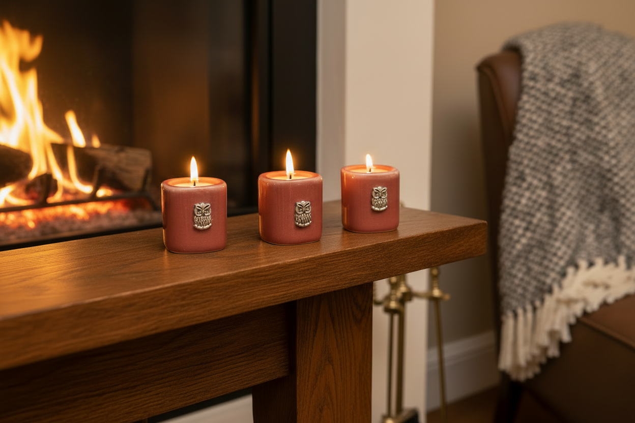 Brown Owl Ceramic Mini Candle Holder Set of Three on the mantle of a fireplace with lit candles showing a warm glow.