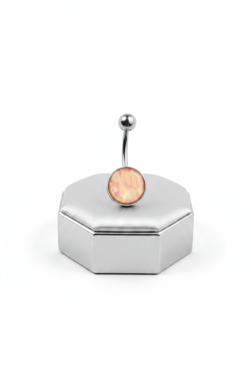 Pink Camouflage Belly Button Ring in 316l stainless steel on a silver jewelry display upright position.