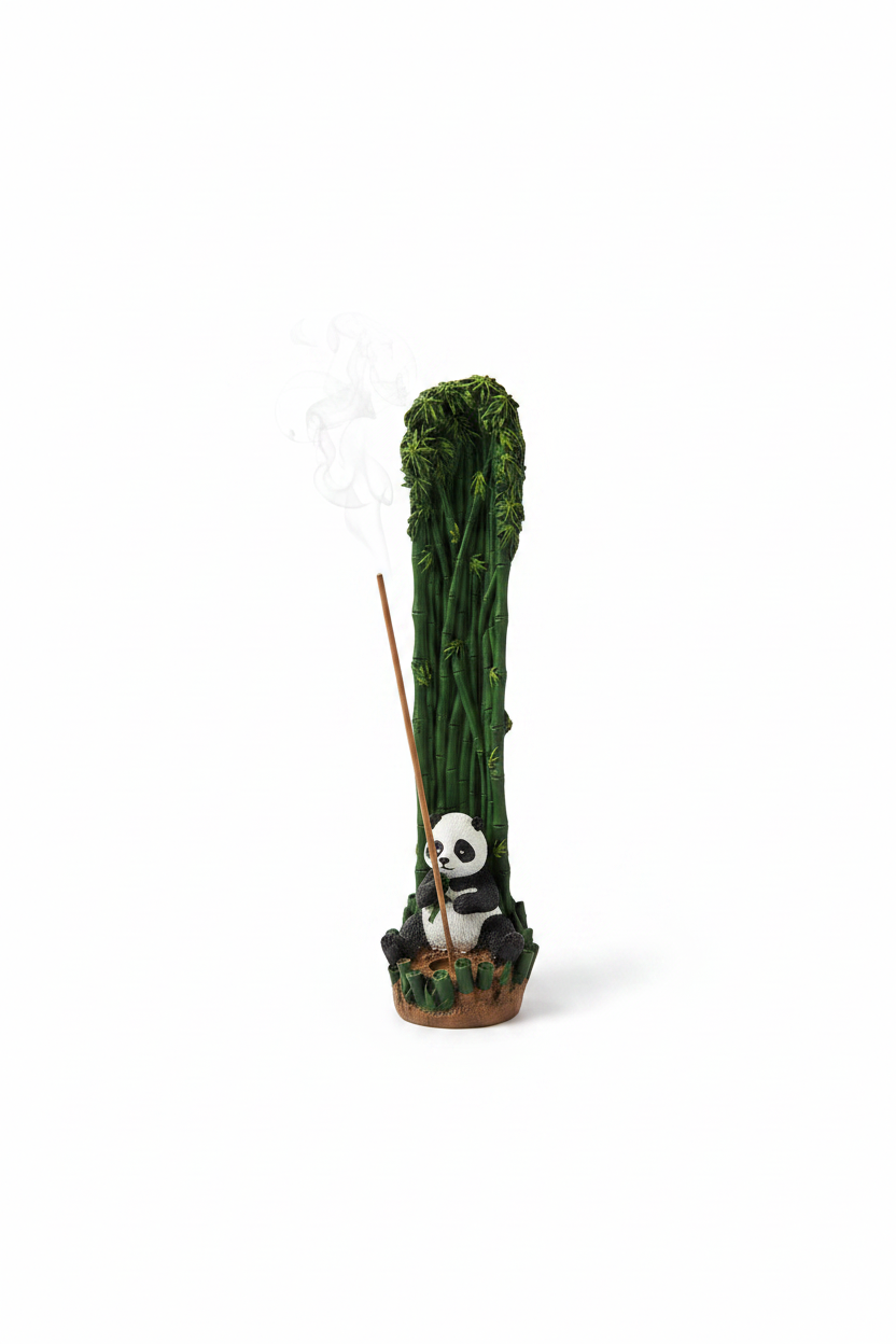 Panda Bear Resin Incense Holder on a white background with incense burning and smoke rising.