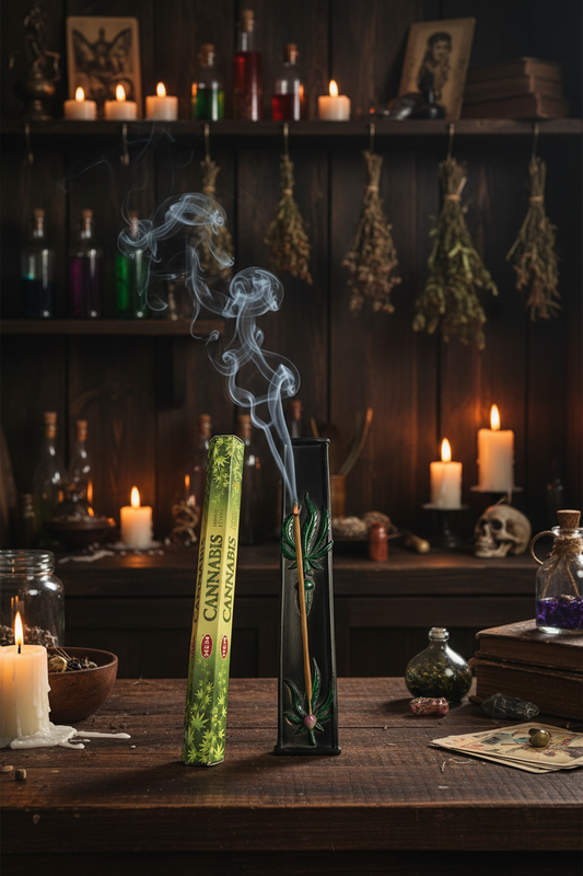 Green Leaf Man Resin Incense Burner - Free Incense on the counter in a mystic kitchen with incense burning and smoke rising.