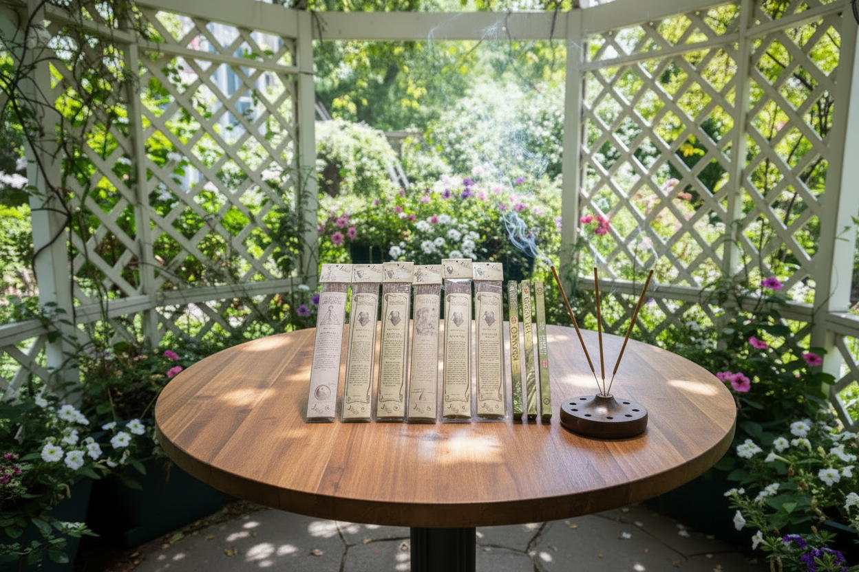 Sacred Garden Incense Variety Gift Package on a wooden table in a rose garden gazebo with incense burning and smoke rising.