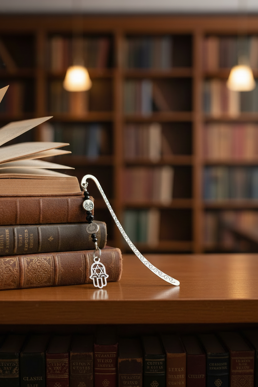 Hand of Fatima & Star of David Handmade Beaded Pewter Bookmark - One of a Kind shown with books in a library setting.