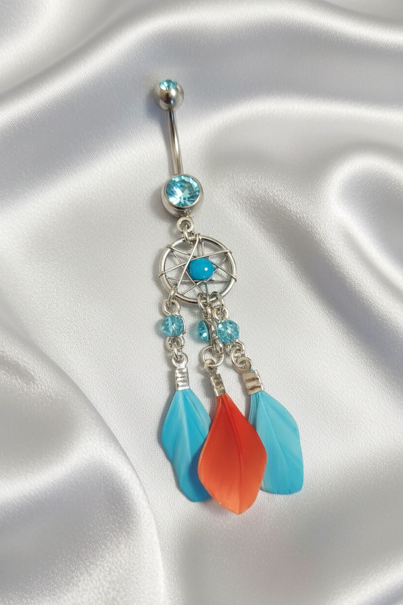 Aqua Crystal Feather Dream Catcher Belly Button Ring in 316l stainless steel.