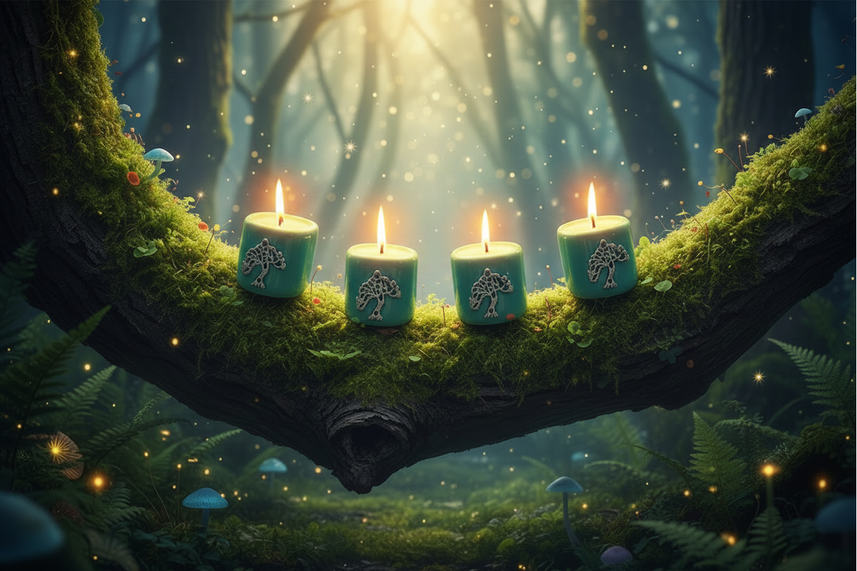 Green Tree of Life Ceramic Mini Candle Holder Set of Four on a white background on the branch of a leafy tree in a mystical forest surrounded by blue glowing mushrooms.
