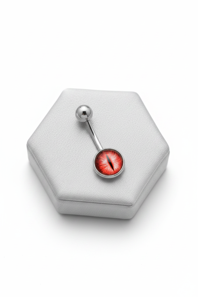 Red Snake Eye Belly Button Ring in 316l stainless steel on a silver silk jewelry display.