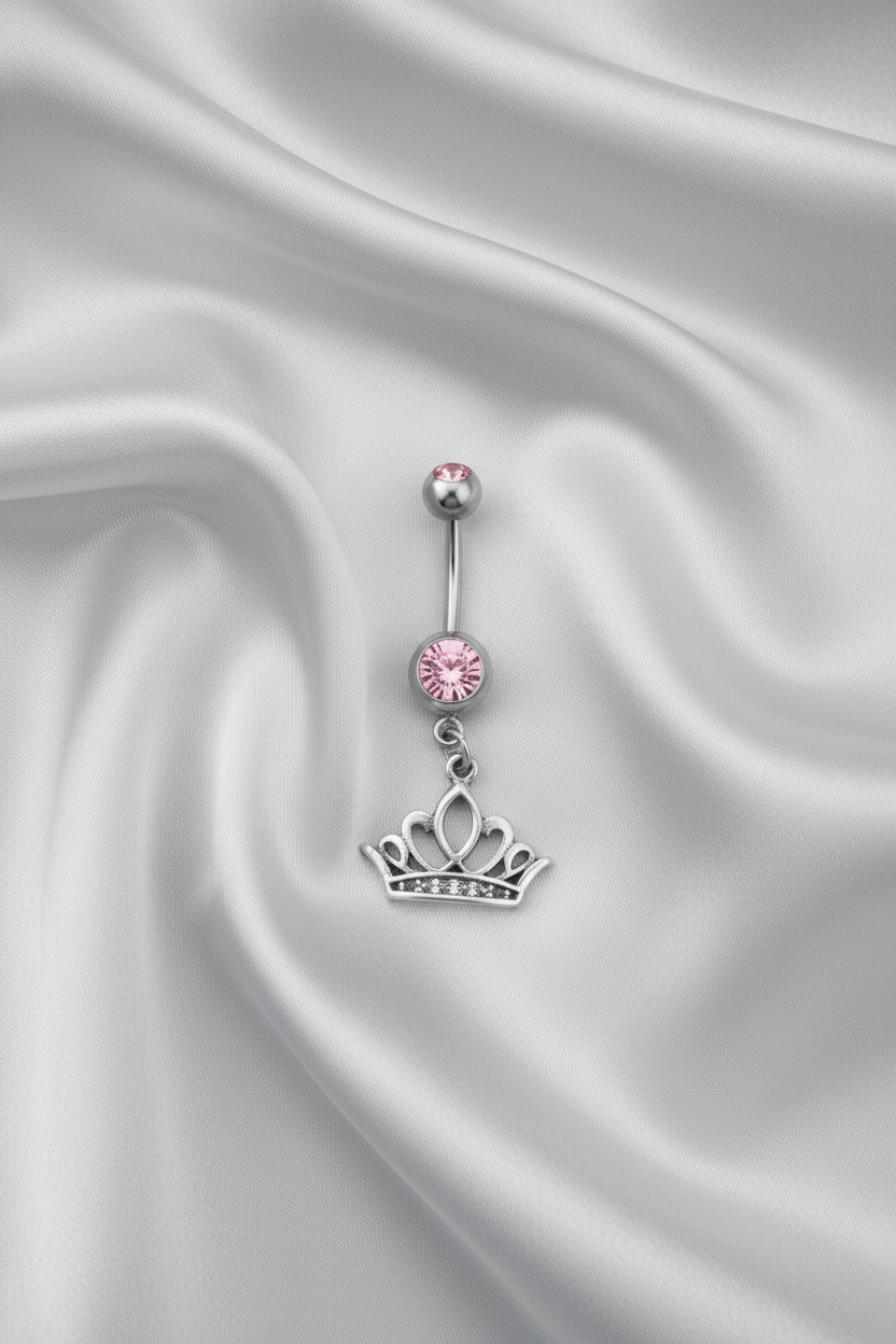Pink Crystal Crown Belly Button Ring in 316l stainless steel.