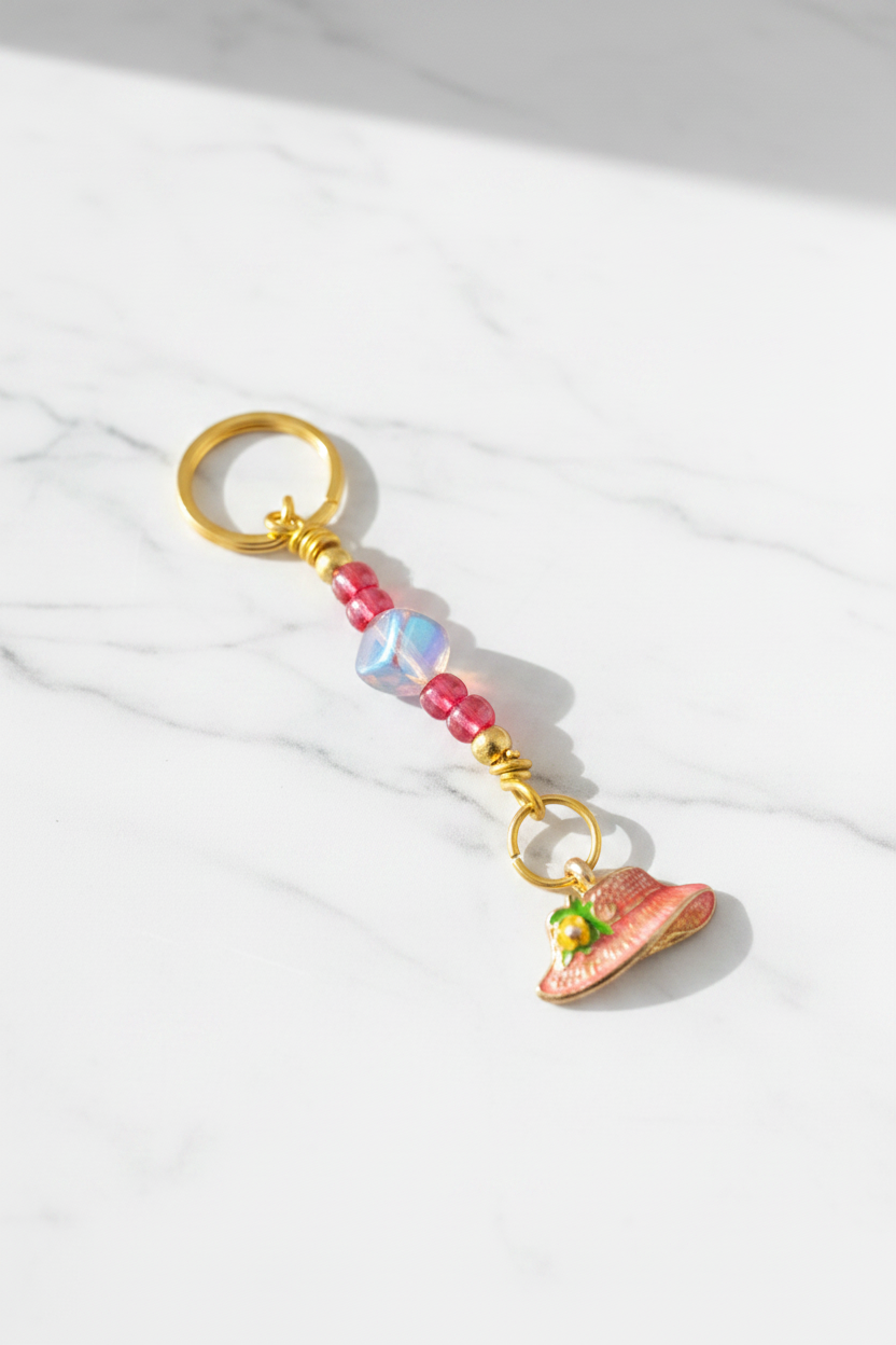 Red Enamel Hat Handmade Beaded Mini Keychain on a white background.