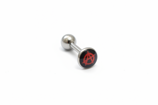 Red Anarchy Symbol tongue barbell in 316l stainless steel