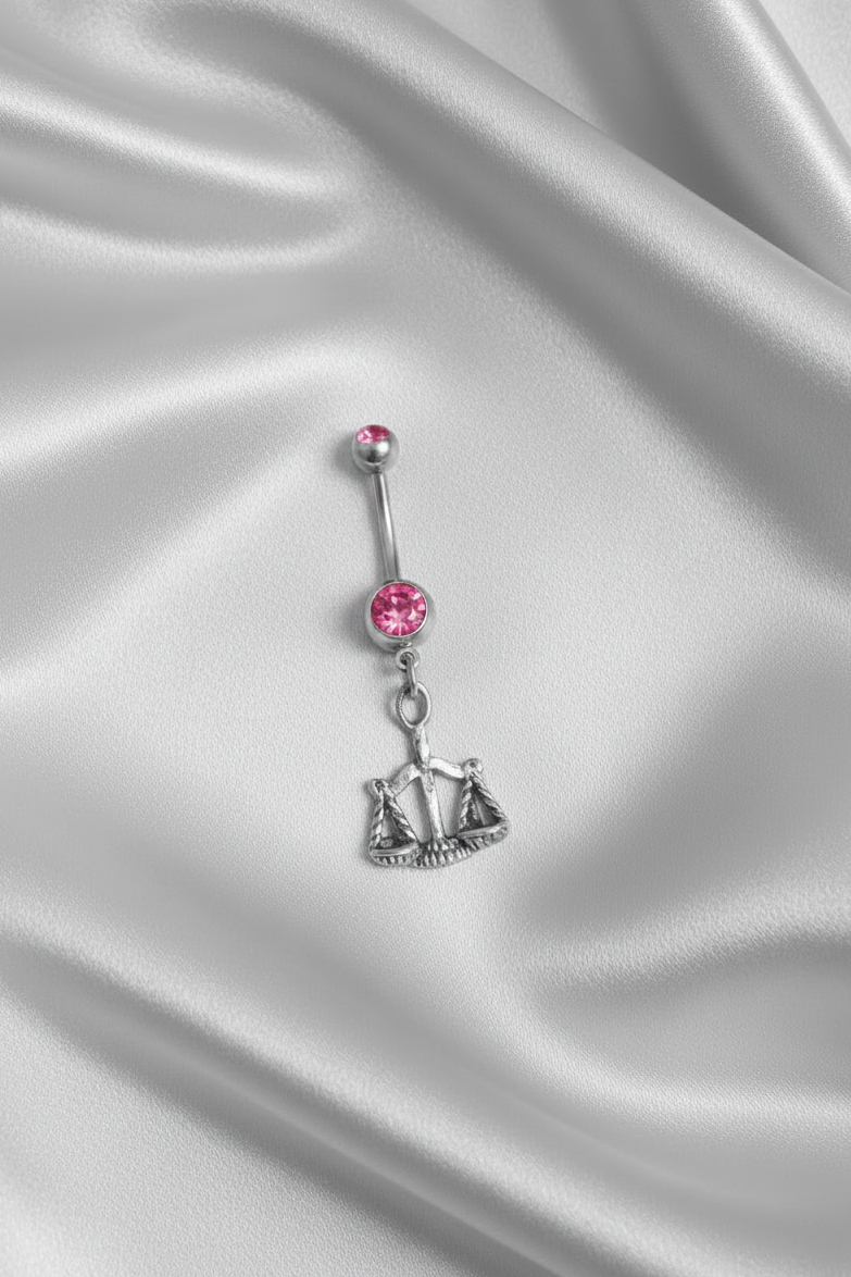 Pink Crystal Libra Belly Button Ring in 316l stainless steel.