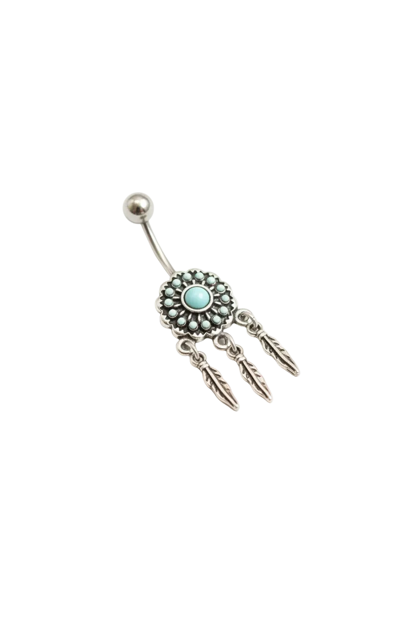 Turquoise Dream Catcher Belly Button Ring in 316l stainless steel close up detail.