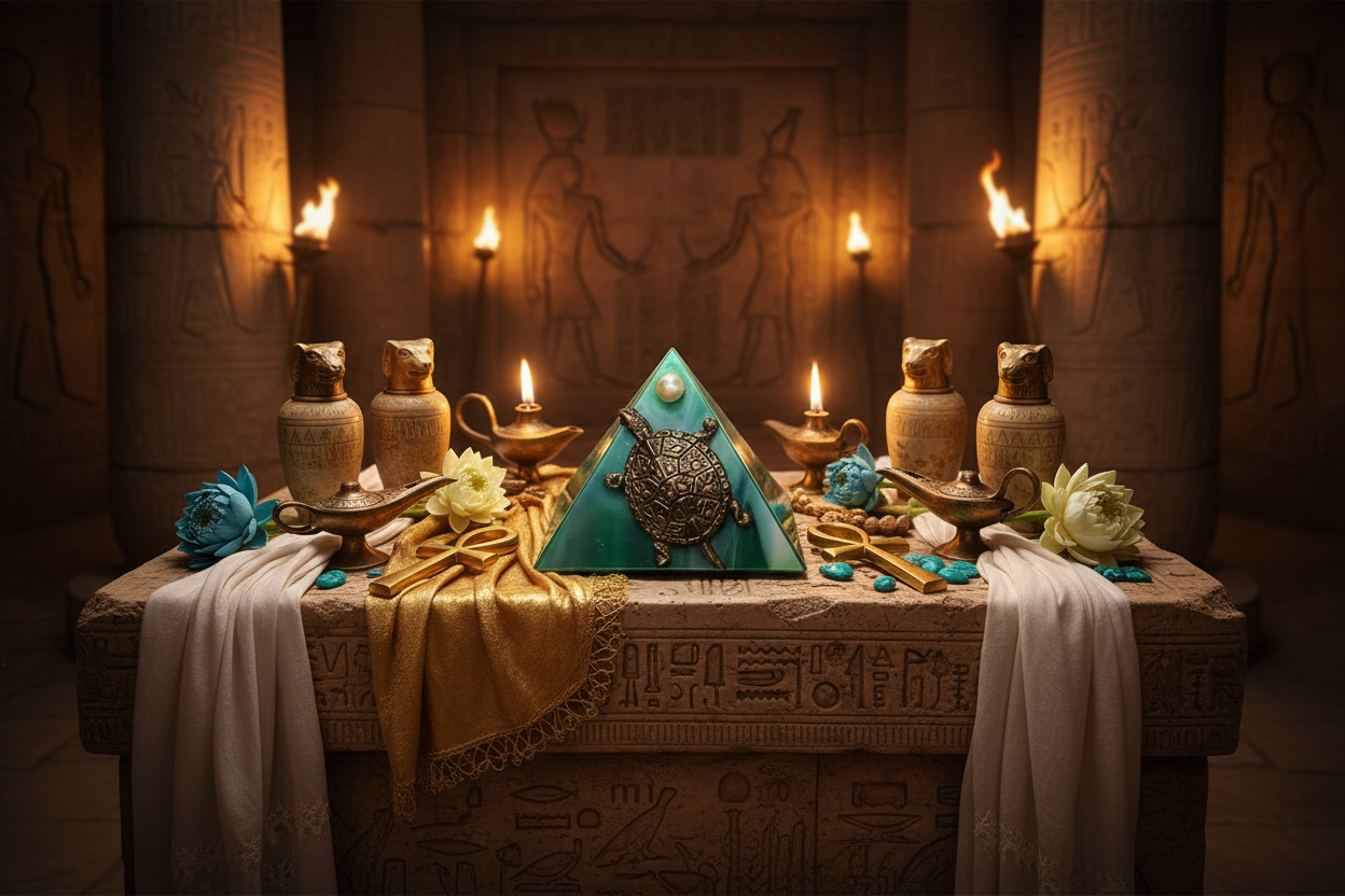 Green Turtle Mini Glass Pyramid Keepsake Box on an Egyptian altar.