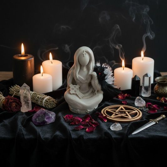 Ancient Goddess Morrigan Terra Cotta Mini Figurine - Altar & Sacred Space on a spiritual altar.