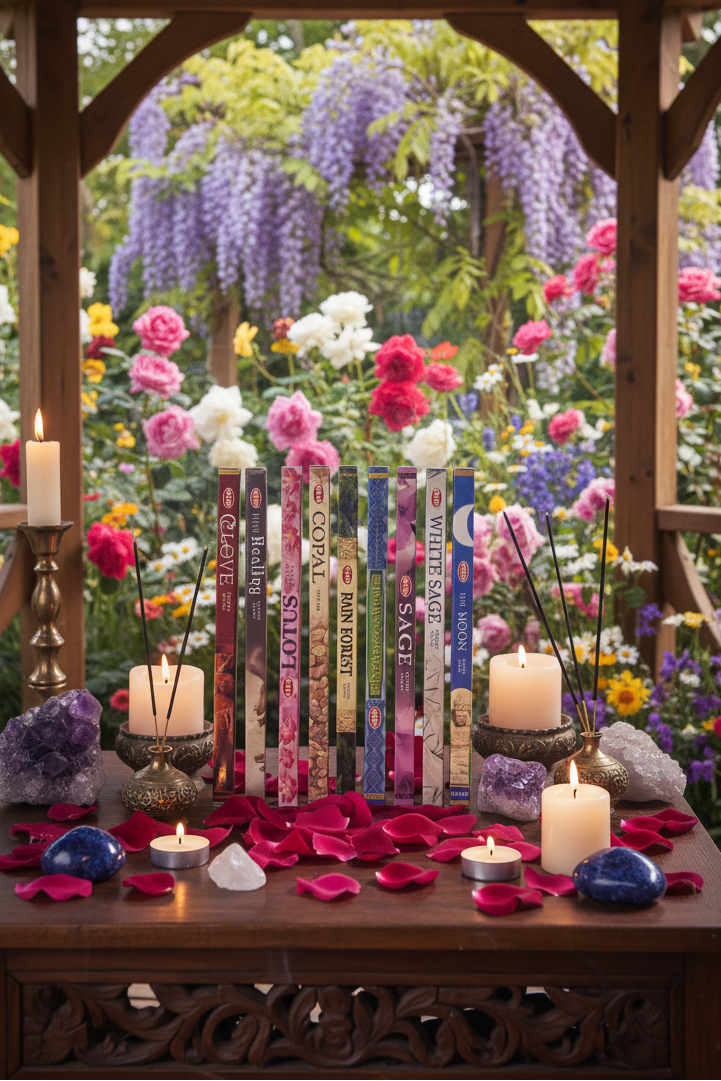 Sacred Cleansing Incense Variety Gift Package on a wooden table in a rose garden gazebo with incense burning and smoke rising.