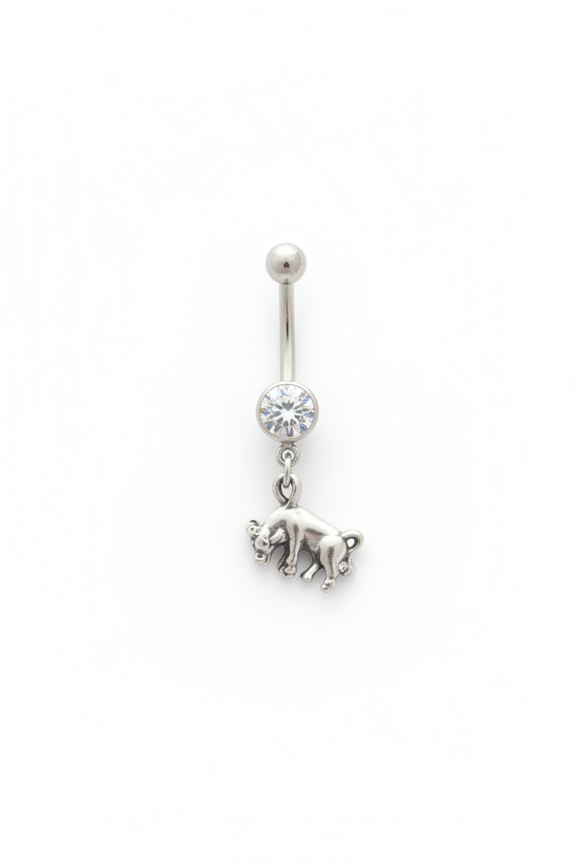 Clear Crystal Taurus Belly Button Ring in 316l stainless steel close up detail.