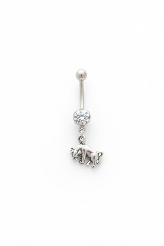 Clear Crystal Taurus Belly Button Ring in 316l stainless steel close up detail.
