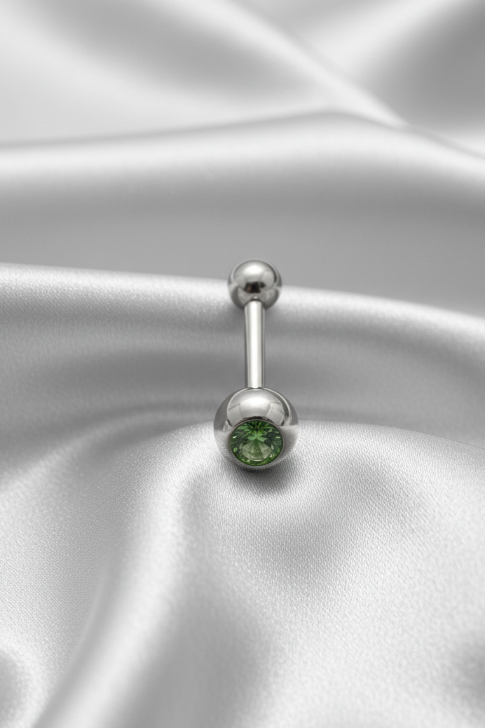 Green Crystal tongue barbell in 316l stainless steel