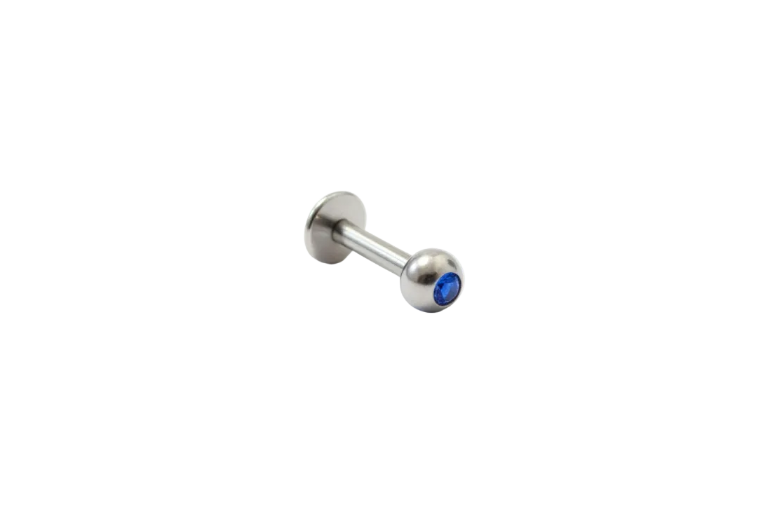 Navy Blue Crystal Labret Lip Ring in 316l stainless steel angled right.