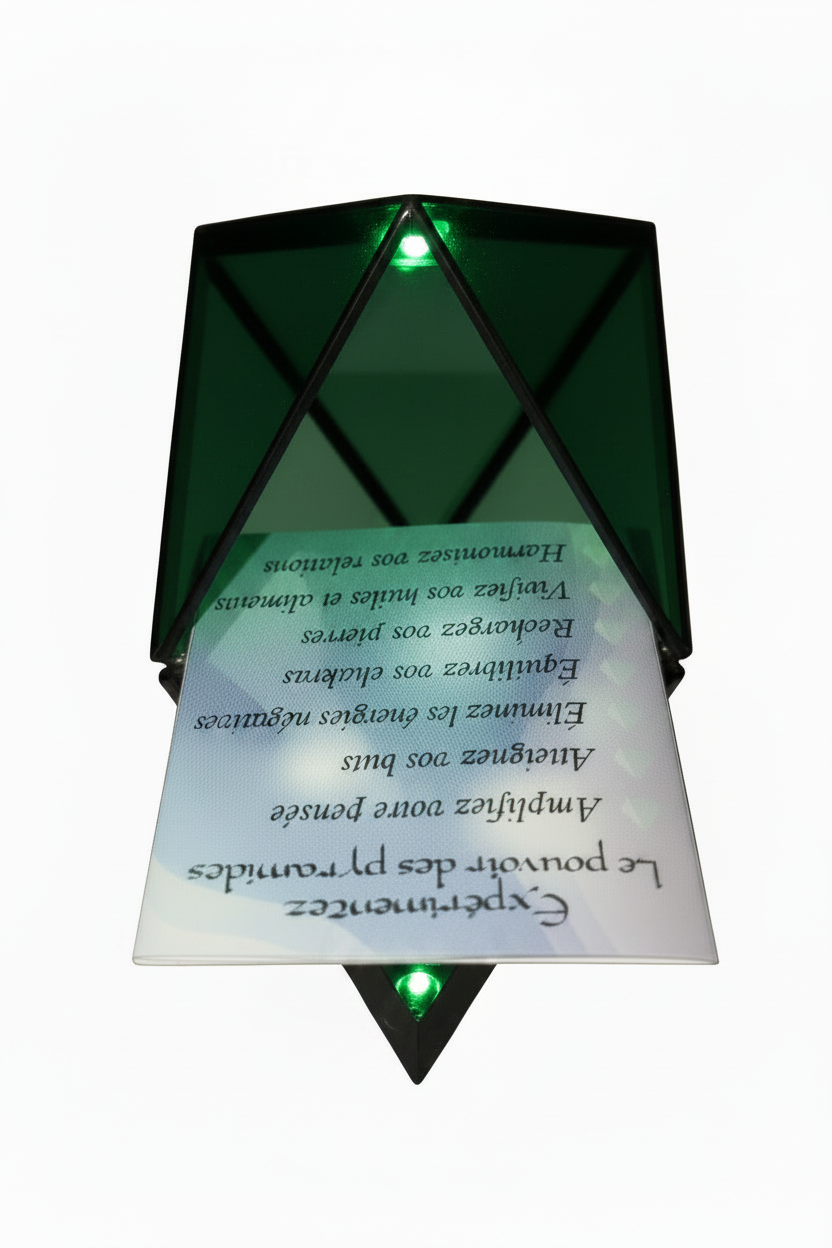 Green mini pyramid keepsake box open on a white background showing mirrored base interior.