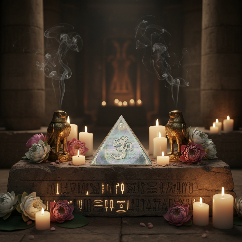 White Ohm Symbol Mini Glass Pyramid Keepsake Box on an Egyptian altar.