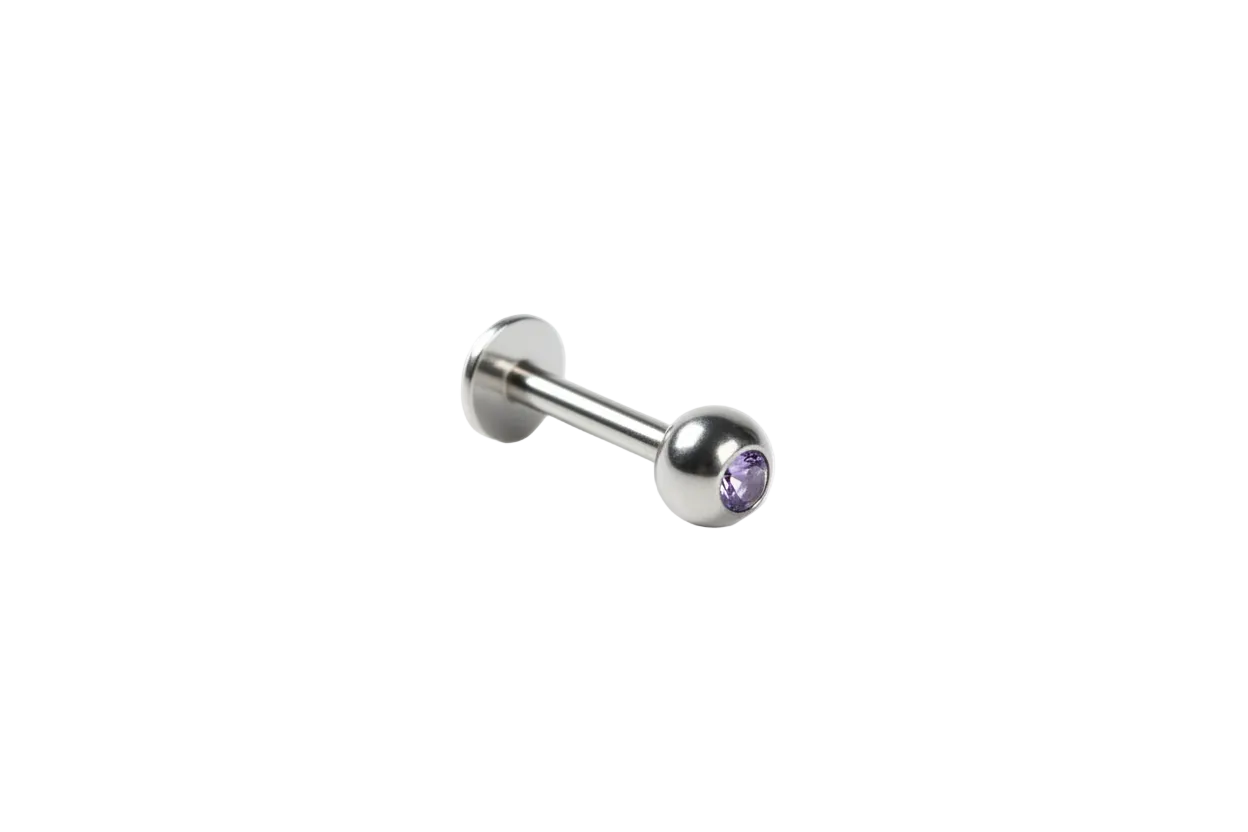 Light Purple Crystal Labret Lip Ring in 316l stainless steel close up detail.