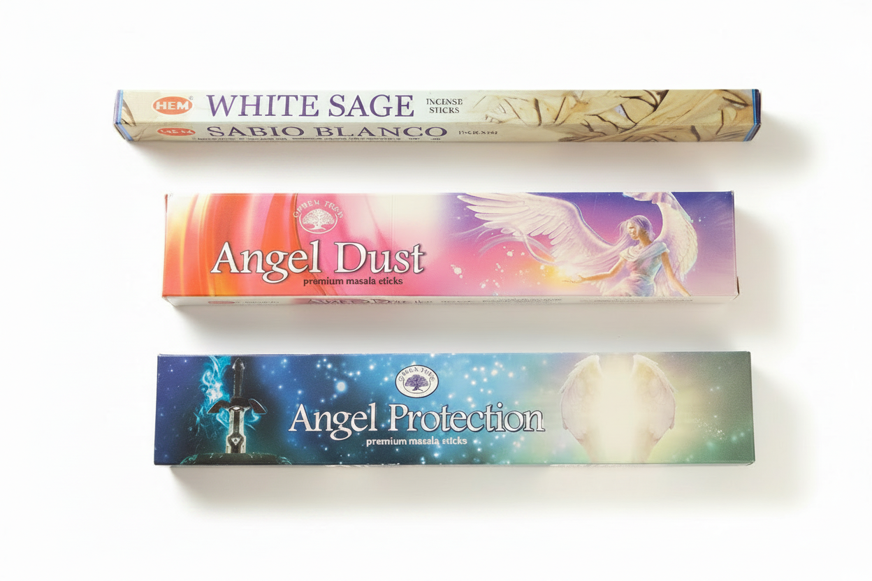 Hem White Sage, Green Tree Angel Dust and Angel Protection incense on a white background. Free with purchase of Unicorn Resin Incense Holder - Free Incense.