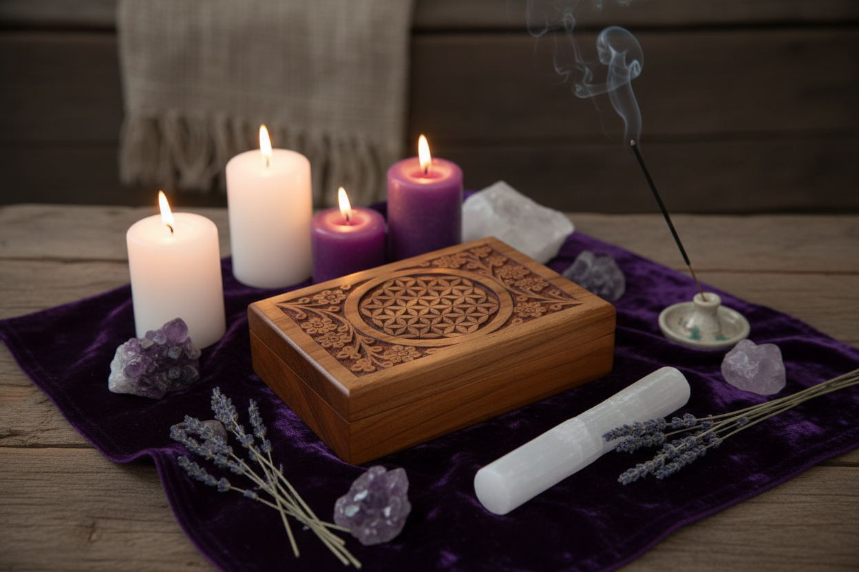 Engraved Flower of Life Wooden Keepsake Box in a personal mystical sacred space.