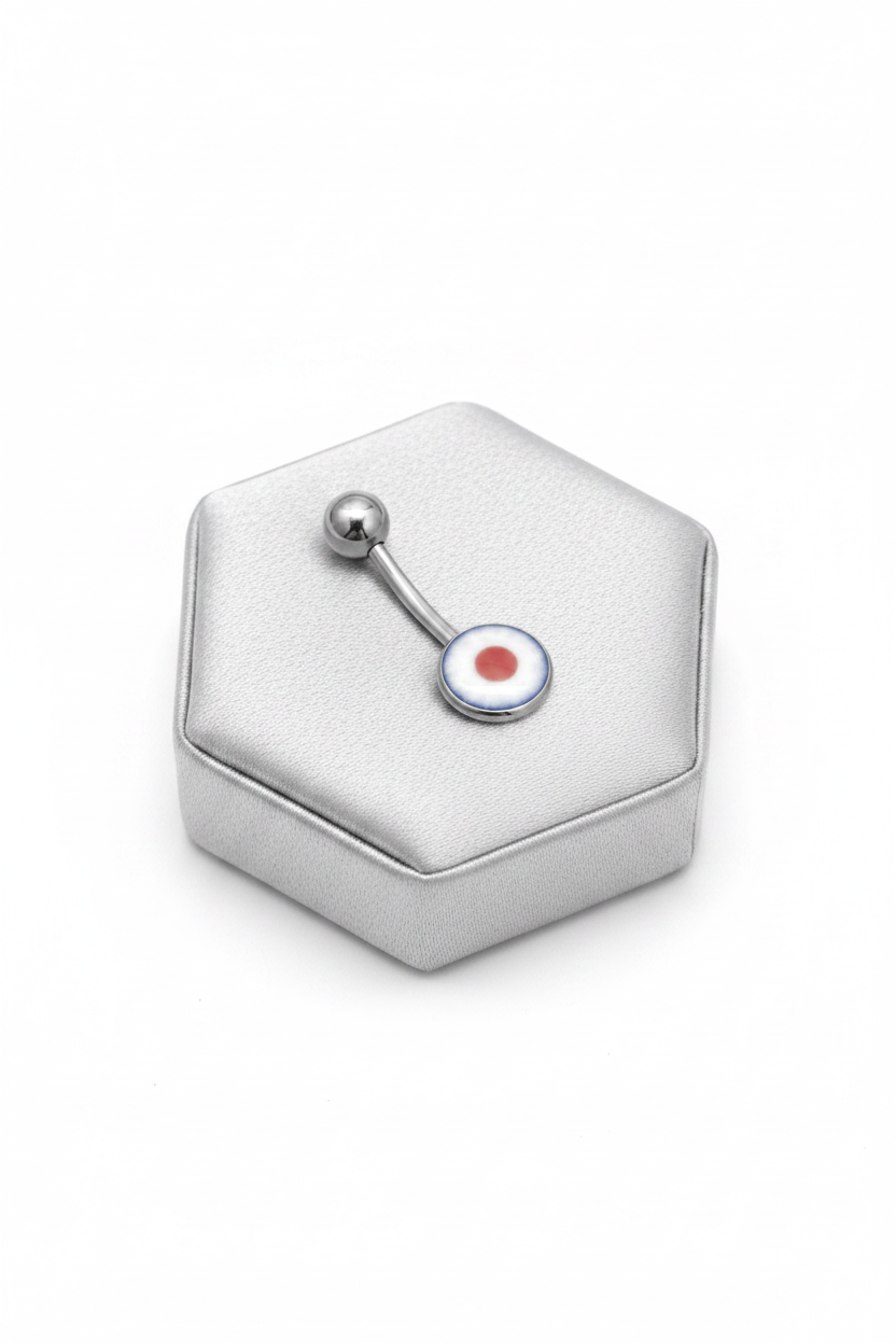 Blue Eyeball Belly Button Ring in 316l stainless steel on a silver jewelry display.