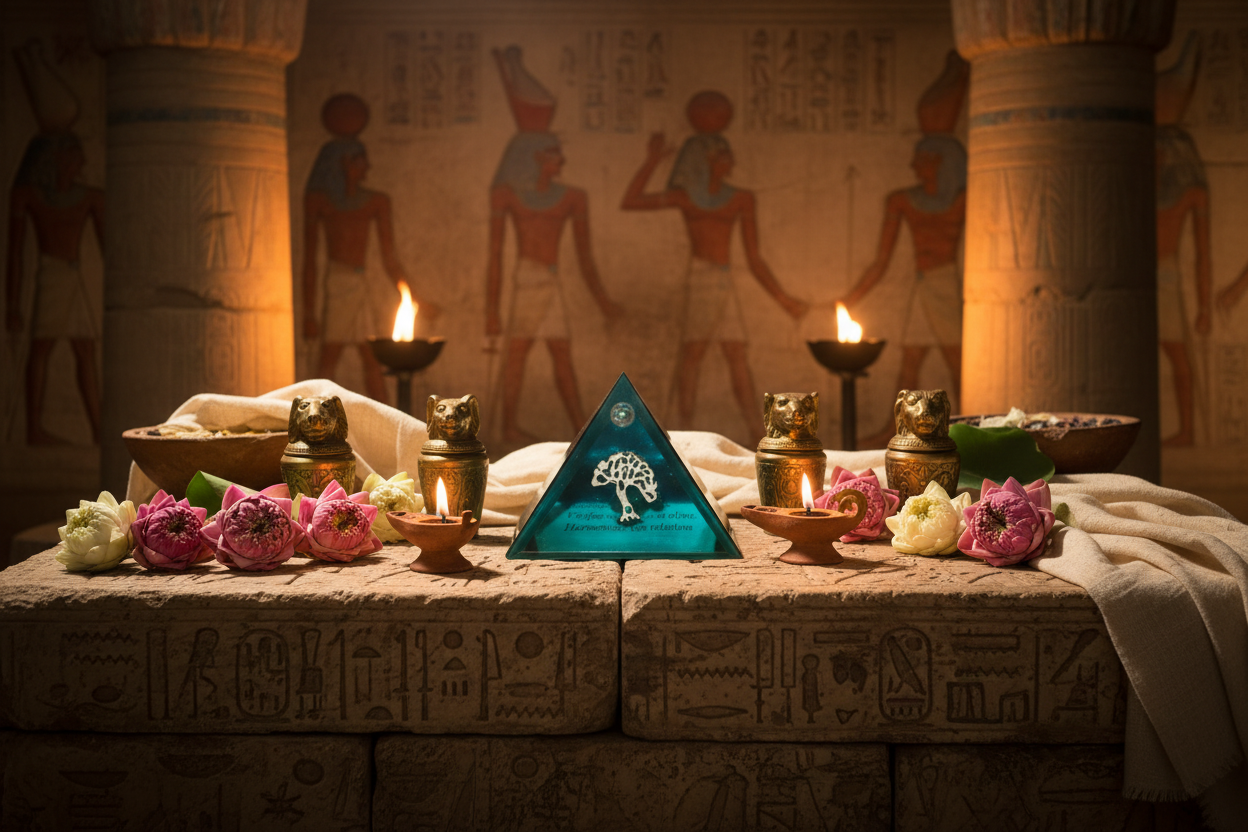 Aqua Tree of Life Mini Glass Pyramid Keepsake Box on an Egyptian altar.
