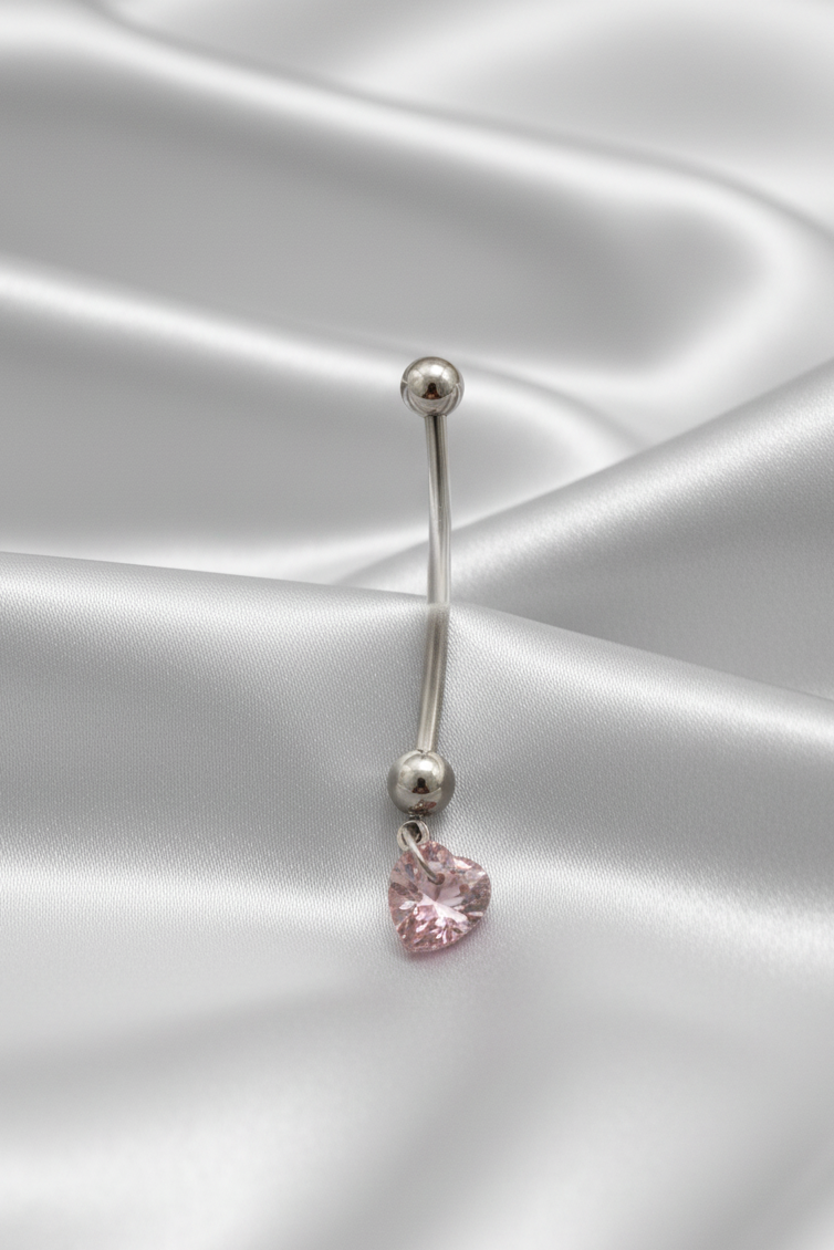 Pink Crystal Heart Acrylic Pregnancy Belly Button Ring in 316l stainless steel.