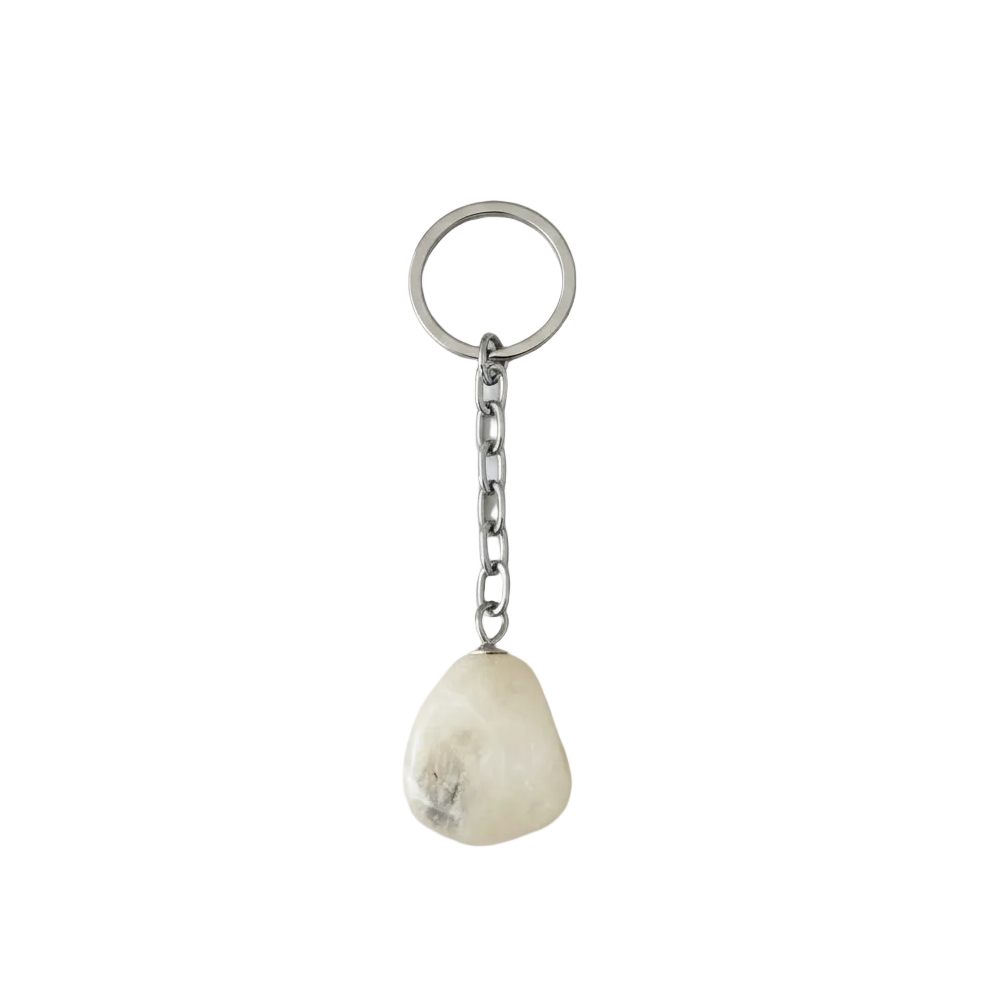 Quartz Natural Earth Stone Handmade Steel Plated Keychain on a white background.