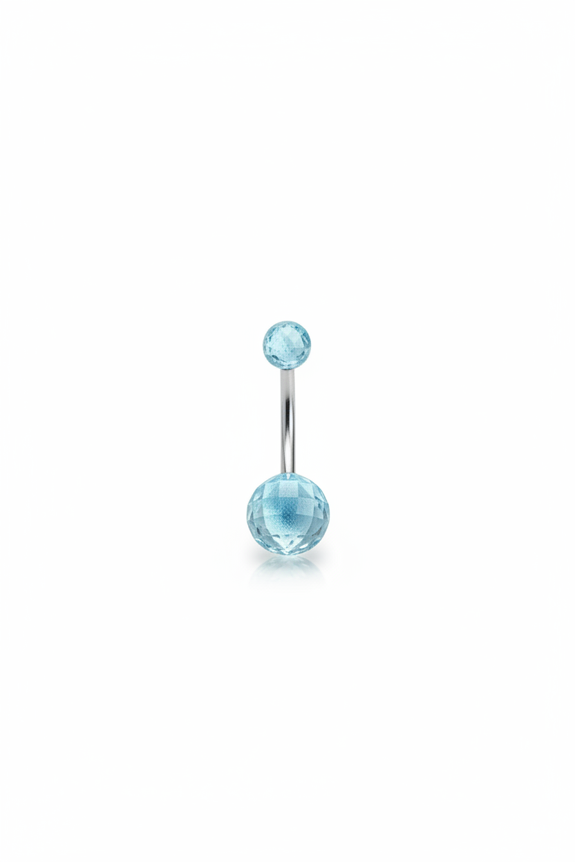 Blue Acrylic Disco Ball Belly Button Ring in 316l stainless steel on a white background.