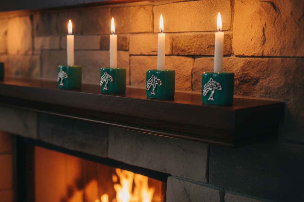 Green Tree of Life Ceramic Mini Candle Holder Set of Four on a fireplace mantle with a burning fire and candles lit showing a warm glow.