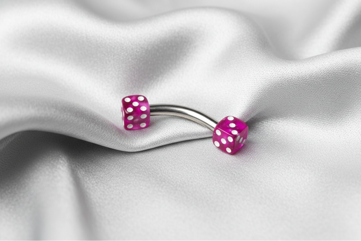 Purple Acrylic Dice Eyebrow Ring in 316l stainless steel.