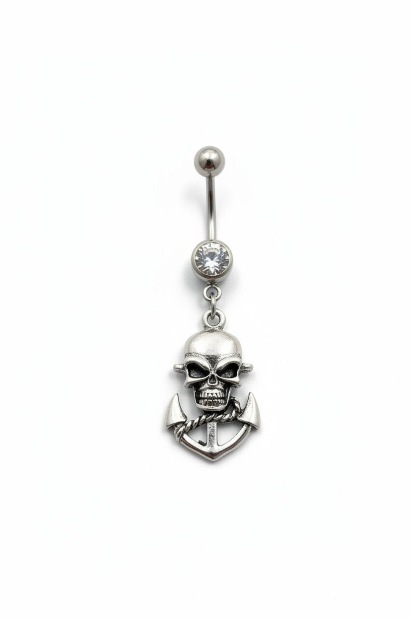 Clear Crystal Skull Anchor Belly Button Ring in 316l stainless steel close up detail.