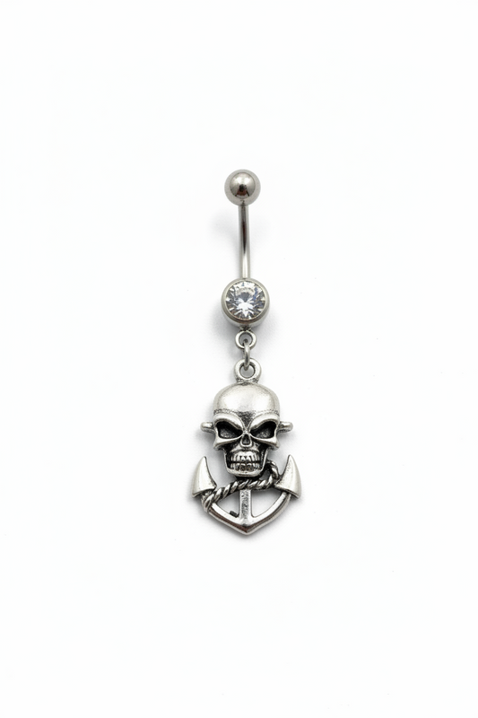 Clear Crystal Skull Anchor Belly Button Ring in 316l stainless steel close up detail.