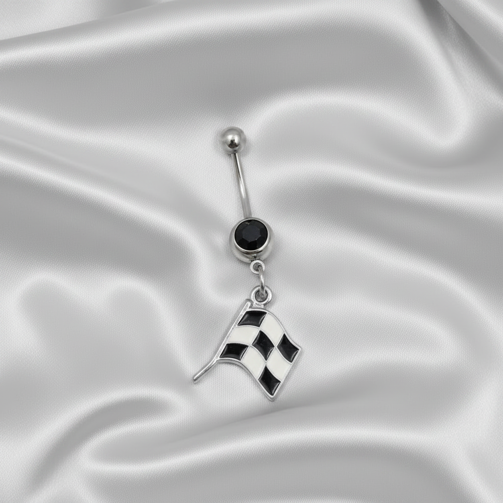 Black Crystal Race Flag Belly Button Ring in 316l stainless steel.