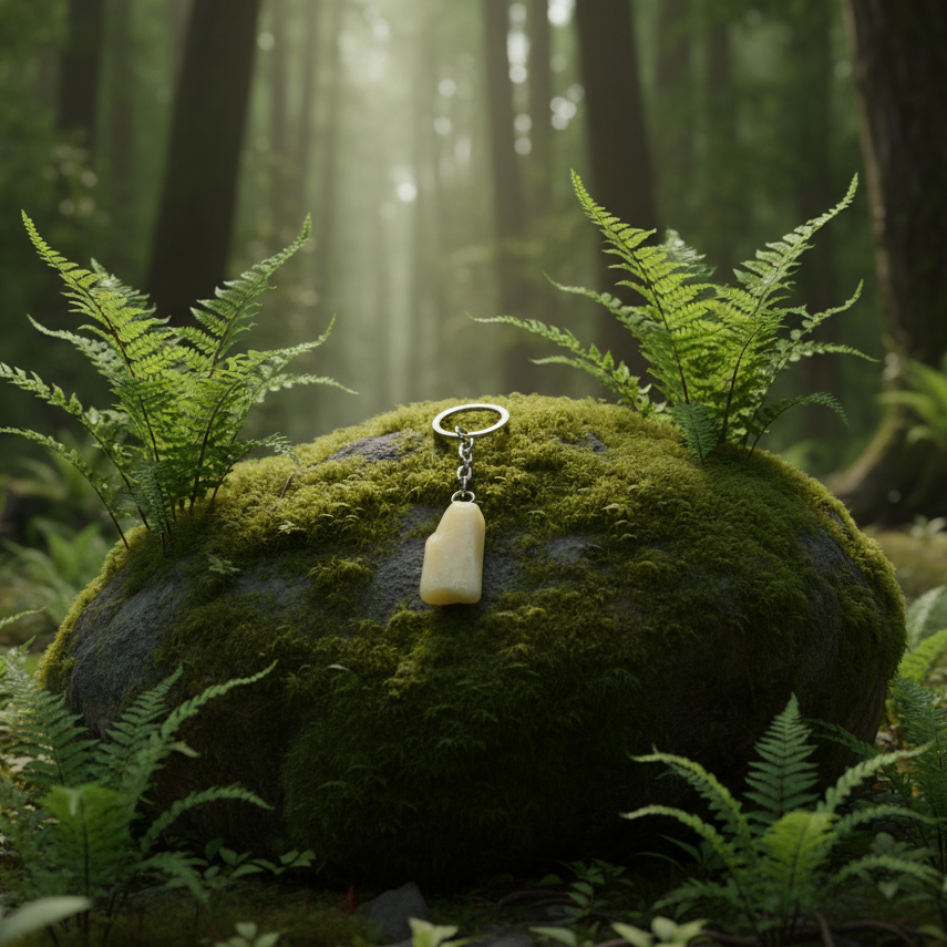 White Agate Natural Earth Stone Handmade Steel Plated Keychain placed on a mossy stone in the forest surrounded by ferns and foliage and nature.