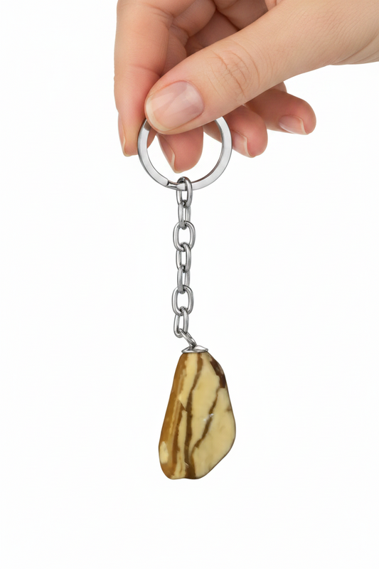 Brown and White Agate Natural Earth Stone Handmade Steel Plated Keychain held by a hand showing scale.