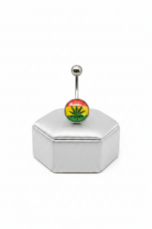 Green Leaf Rastafarian Belly Button Ring in 316l stainless steel on a silver silk jewelry display.