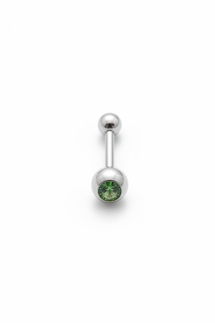 Green Crystal tongue barbell in 316l stainless steel
