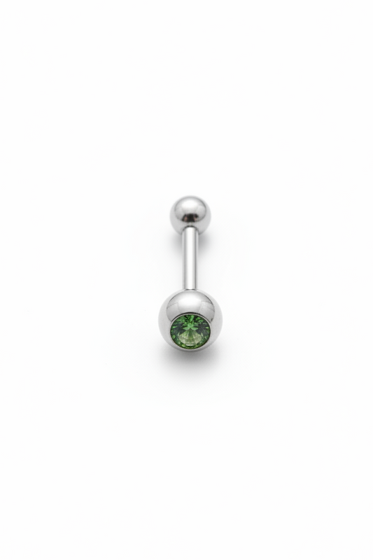 Green Crystal tongue barbell in 316l stainless steel