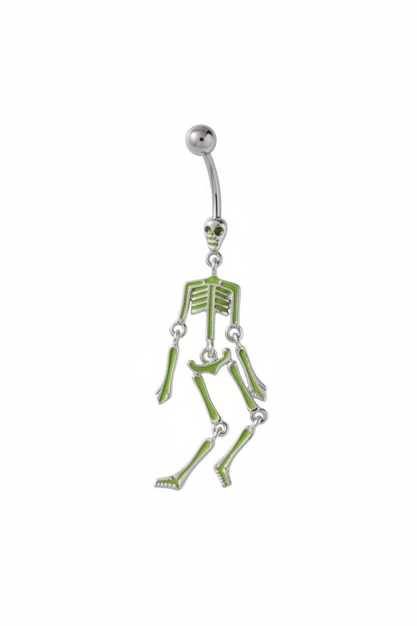 Green Dancing Skeleton Belly Button Ring in 316l stainless steel close up detail.