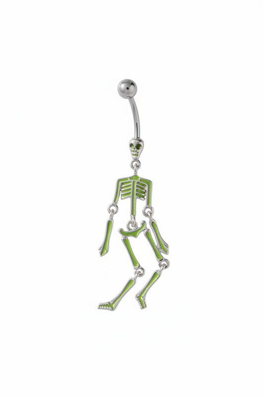 Green Dancing Skeleton Belly Button Ring in 316l stainless steel close up detail.