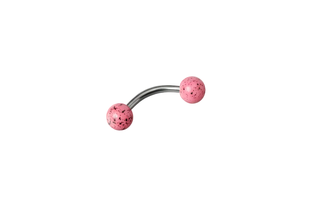 Pink Black Speckled Acrylic Eyebrow Ring in 316l stainless steel angled right.
